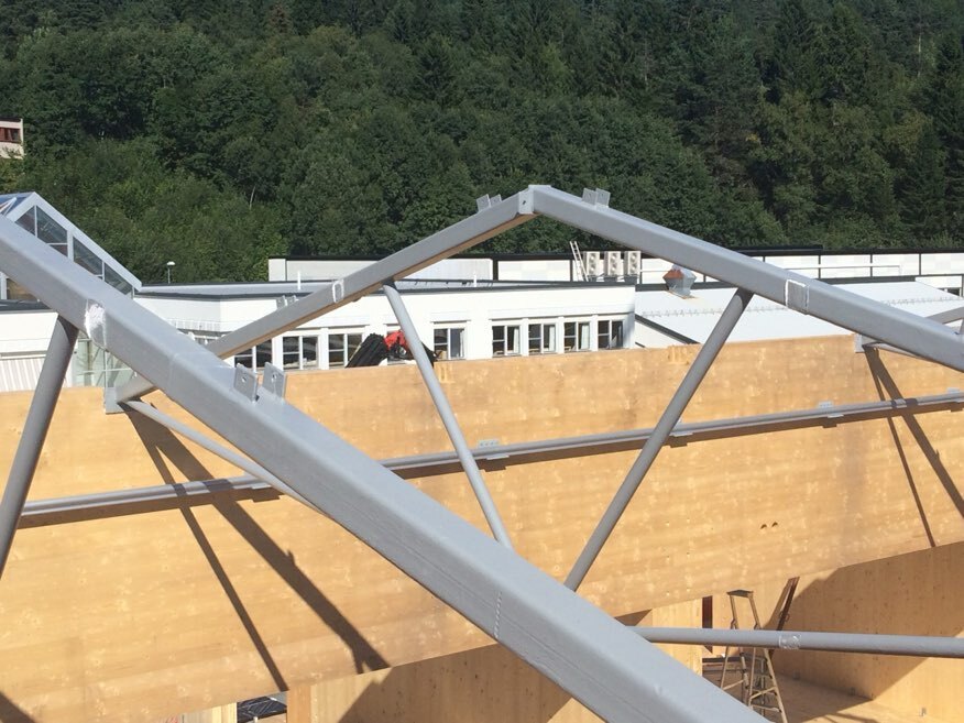 Steel constructions: roof trusses and truss bridge, Norway