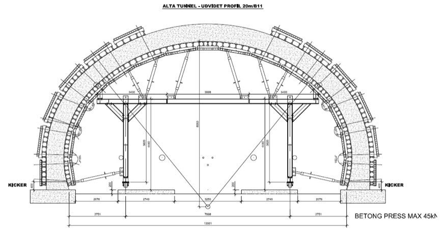 Supporting structure for formwork for steam tunnel in Alta, Norway